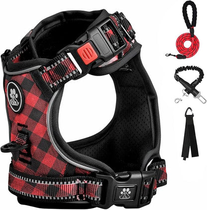 FURRYFECTION Plaid Dog Harness for Small Dogs, Reflective No Pull Adjustable Pet Vest with Front Clip, Leash, Easy Control Handle and Seat Belt, Red&Black, S
