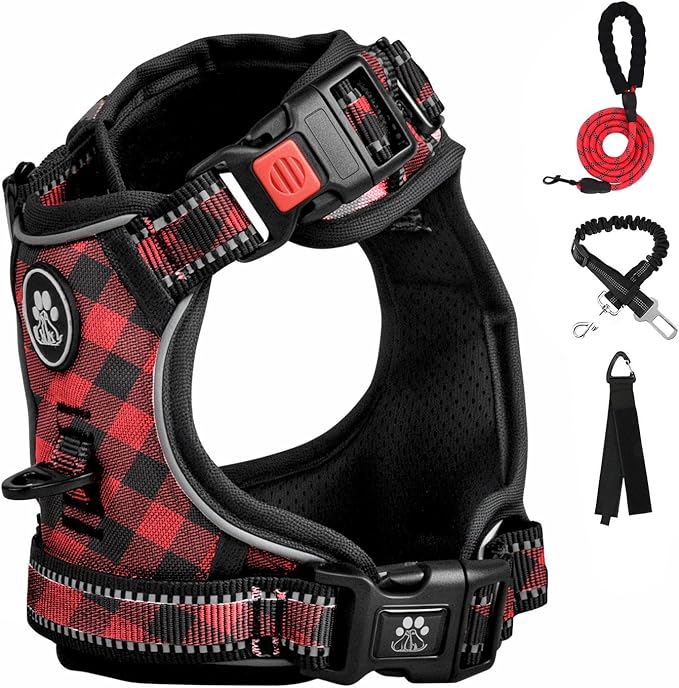FURRYFECTION Plaid Dog Harness for Large Dogs, Reflective No Pull Adjustable Pet Vest with Front Clip, Leash, Easy Control Handle and Seat Belt, Red&Black, XL