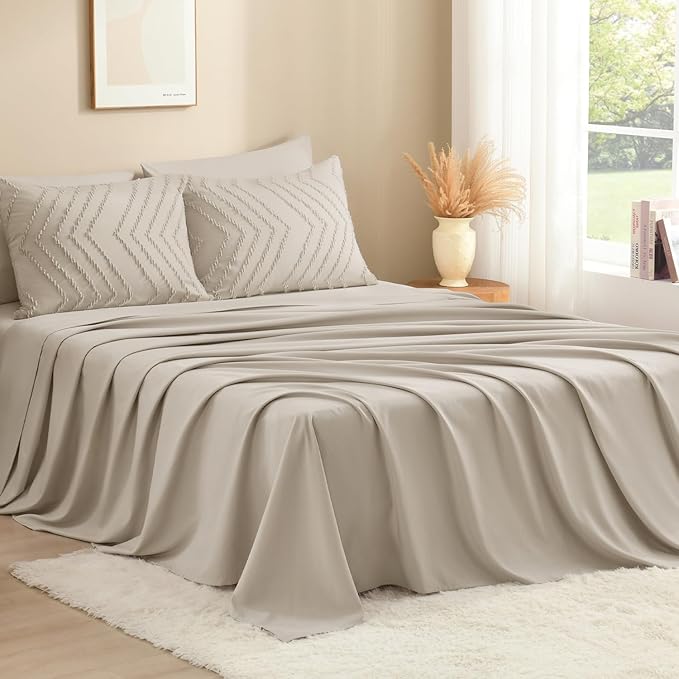 Litanika Twin Comforter Set with Sheets Oatmeal - 5 Pieces Boho Tufted Shabby Chic Bed in a Bag, Fluffy Soft Farmhouse Bed Set for All Seasons