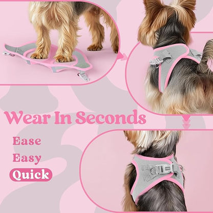 rabbitgoo Small Dog Harness, Step-in Soft Mesh Puppy Vest with Safety Buckle, Breathable Reflective Pet Harness for Small Medium Dogs, Pink & Gray L