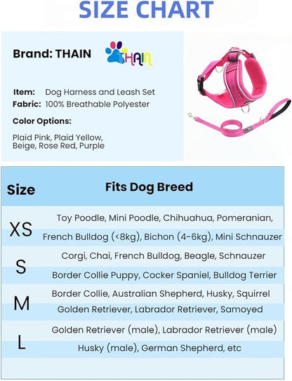 THAIN Reflective Dog Harness & Leash Set – No-Pull Design, Adjustable & Comfortable for Large Dogs (L, Solid Rose red)