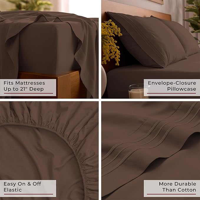 Mellanni King Sheet Set - 6-Piece Iconic Collection Bedding, (Including 4 Pillowcases), 21-Inch Extra Deep Pocket, Easy Care, Ultra Soft, Cooling Sheets, Brushed Microfiber - Brown