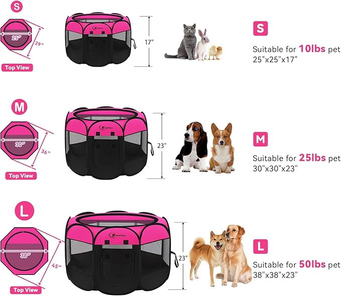 Siedihit Dog Cat Playpen, Large Puppy Pet Playpen, Dog Crate Tent Cage Indoor/Outdoor, Portable Pop Up Dogs Kennel Playpen with Carrying Case for Dogs/Cats/Rabbits, Hot Pink