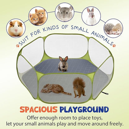 Pawaboo Small Animals Playpen with Pad, Waterproof Small Pet Cage Tent with Reusable Pad, Portable Outdoor Yard Fence for Chick/Kitten/Puppy/Guinea Pig/Rabbits/Chinchillas, Green + Grey
