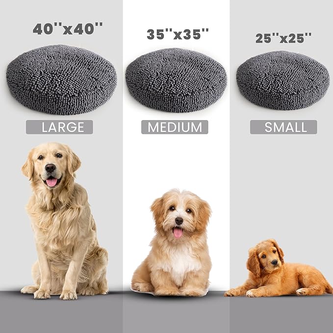 Muddy Mat® Cloud K-9 Bed for Dogs & Cats, Soft & Relaxing Round Dog Bed, Chenille Material, Removable Cover, Washable & Dryer Safe–Grey Large(40'x40')