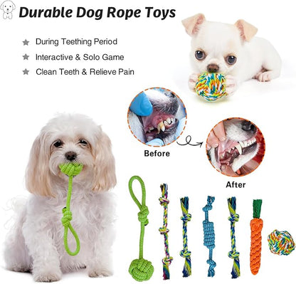 MRSOHRET 20Pcs Puppy Chew Toys for Teething, Dog Chew Toys with Rope Toys, Pet Dog Toothbrush, Treat Balls, Plush Toys and Squeaky Toy for Small Medium Dogs with Basket