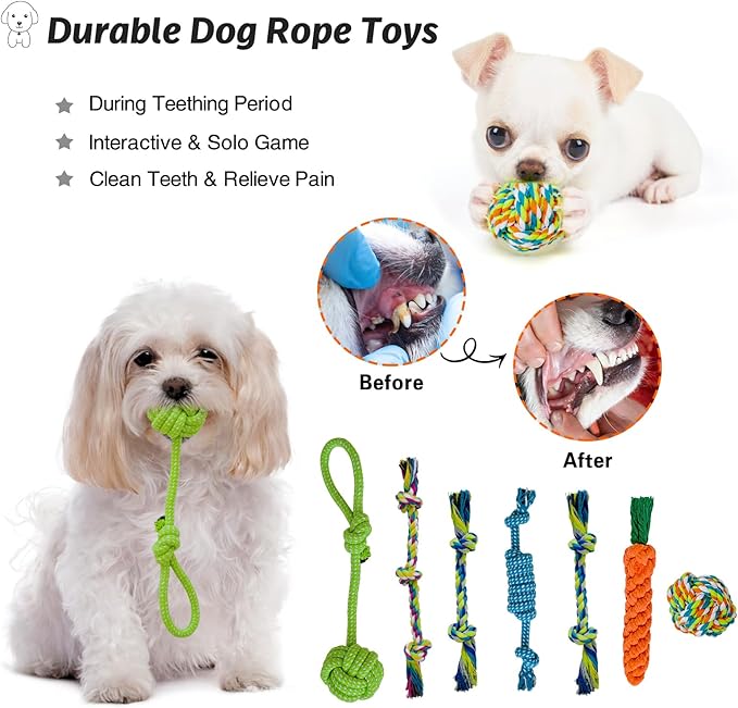 MRSOHRET 20Pcs Puppy Chew Toys for Teething, Dog Chew Toys with Rope Toys, Pet Dog Toothbrush, Treat Balls, Plush Toys and Squeaky Toy for Small Medium Dogs with Basket
