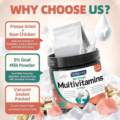 Dog Multivitamin with Glucosamine, Omega 3, Minerals, Probiotics and Enzymes, Dog Vitamins and Supplements for Joint, Skin & Coat Care, Digestive and Immune Health, Chicken Flavor - 120 Chews