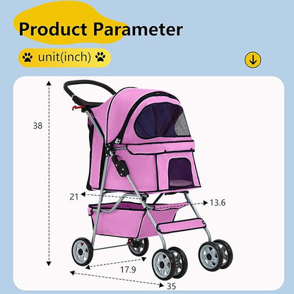 FDW Pet Stroller 4-Wheel Dog Cat Stroller Travel Folding Carrier Puppy Stroller with Cup Holder and Removable Liner for Small Medium Dogs Cats, Pink