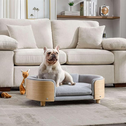 Velvet Dog Bed Pet Sofa with Solid Wood Legs and Bent Wood Back, Stain-Resistant Cushion in Multiple Colors - Luxury Pet Furniture for Cats and Dogs, Light Grey