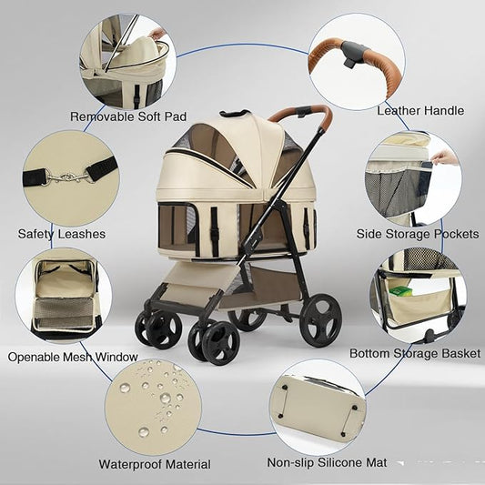 4 Wheels Pet Stroller for Small/Medium Dogs and Cats,Dog Stroller with Detachable Carrier and Storage Basket,One Click Folding, Compact Portable,Up to 50lbs,3 in1 Multifunctional(Khaki)