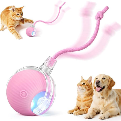 Interactive Electric Automatic Rolling Moving USB Rechargeable Self Activated Play Stimulation Toy Smart Chase Teaser Ball with Rope for Bored Adult Indoor Kitten Cat and Puppy Dog, Pink