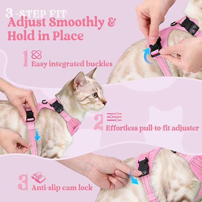rabbitgoo Cat Harness and Leash, Escape Proof Vest with 3 Adjustable Buckles, Soft Comfortable Kitten Harness, Easy to Wear, Reflective for Safe Outdoor Walking, Medium, Pink