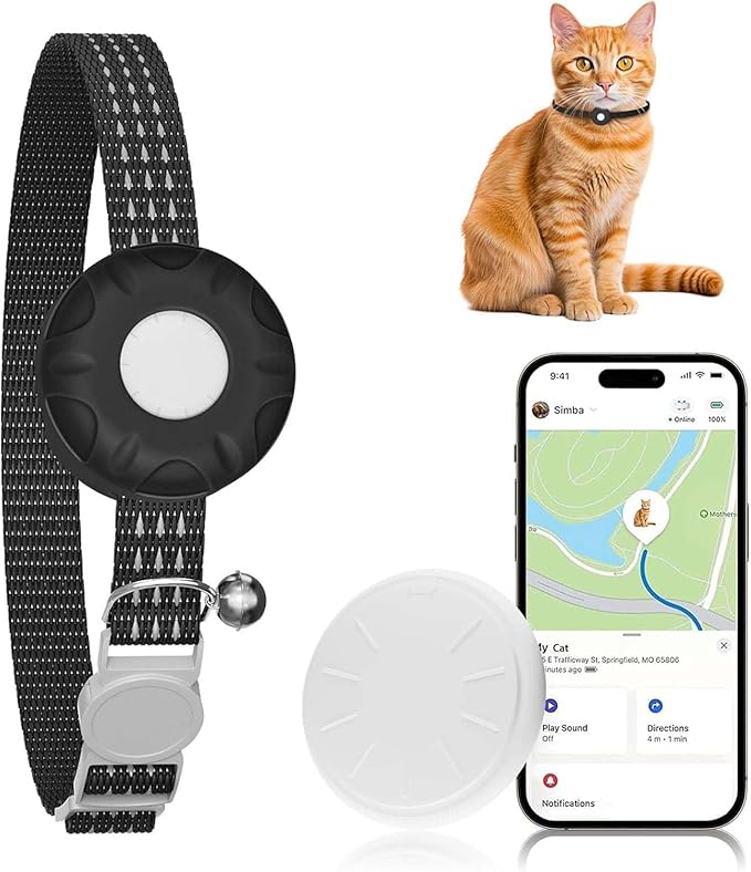 Cat Tracker, GPS Tracker for Cats, No Monthly Fee Pet Tracker for Cats, Compatible with Apple Find My App (Only iOS), Real-Time Tracking, Smart Alerts, Up to 1-Year Battery, Waterproof