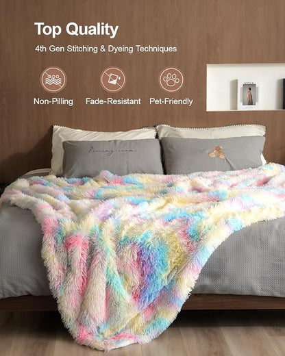 Pawque Faux Fur Sherpa Fleece Blanket Twin Size Rainbow - Fluffy Warm Plush Blankets for Bed, Cozy Thick Lightweight Reversible Decor for Winter Sofa Couch, 60x80 inches