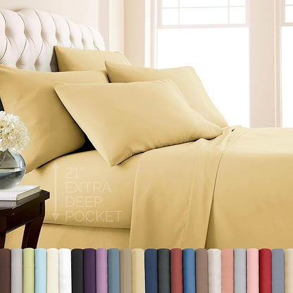 Southshore Fine Living, Inc. 7-Piece Split King Sheets Sets for Adjustable Bed, 21-Inch Deep Pocket King Sheet Set, Microfiber Sheet Set, Muted Gold Pillow Cases, Muted Gold Sheets