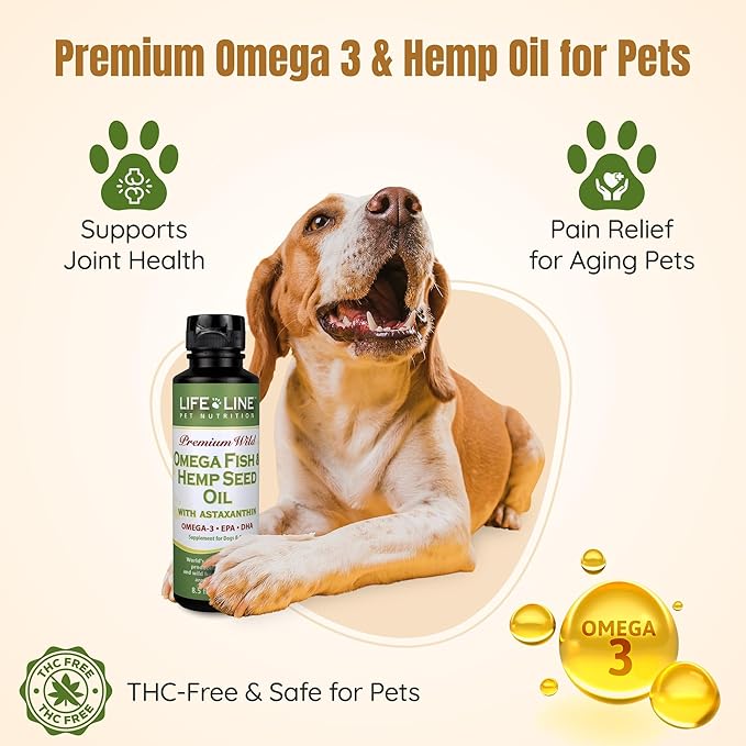 Lifeline Premium Omega 3 Fish & Hemp Oil for Dogs & Cats | Wild Caught | Skin, Coat & Joint Support | Pet Calming Supplement with Astaxanthin | Supports Pain Relief – 8.5 oz