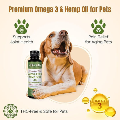 Lifeline Premium Omega 3 Fish & Hemp Oil for Dogs & Cats | Wild Caught | Skin, Coat & Joint Support | Pet Calming Supplement with Astaxanthin | Supports Pain Relief – 8.5 oz