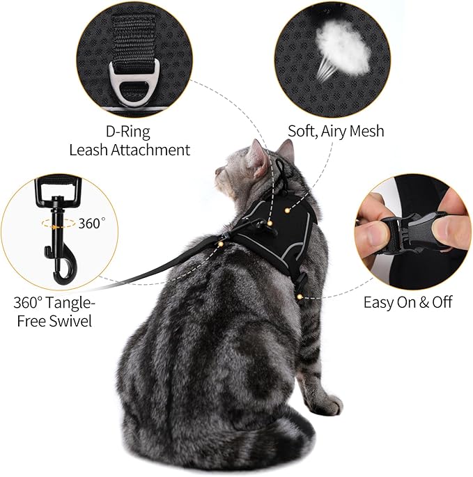 Dotoner Escape Proof Cat Harness and Leash Set Adjustable Soft Mesh Vest for Walking Safe Travel Vet Visit with Reflective Strips for Cats and Kittens(Black-S)