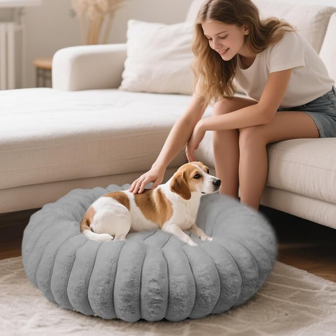 Donut Dog and Cat Bed, Luxurious Comfortable Faux Rabbit Fur Pet Beds, Soft Anti-Anxiety Calming Puppy Kitten Bed with Anti-Slip Bottom for Small Medium Dogs & Cats(23", Grey)