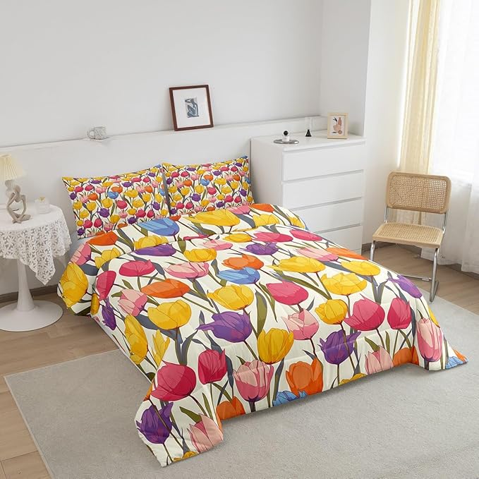 Erosebridal Rainbow Flower Bedding Sets Twin Colorful Floral Comforter Chic Girly Tulip Duvet Insert Botanical Leaf Bedding Bedding Set Girls Women Lady Duvet Insert Home Décor Microfiber
