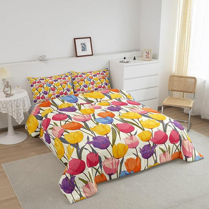 Erosebridal Rainbow Flower Bedding Sets Twin Colorful Floral Comforter Chic Girly Tulip Duvet Insert Botanical Leaf Bedding Bedding Set Girls Women Lady Duvet Insert Home Décor Microfiber