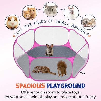 Pawaboo Small Animals Playpen with Pad, Waterproof Small Pet Cage Tent with Reusable Pad, Portable Outdoor Yard Fence for Chick/Kitten/Puppy/Guinea Pig/Rabbits/Chinchillas, Pink + Gray