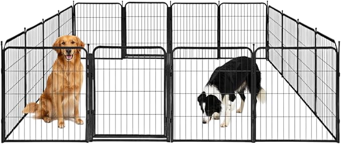 Outdoor Dog Playpen - 32 inch, 16 Panels for Small and Medium Size Dogs - Heavy Duty Metal Pet Fence with Black Anti-Rust Coating - Portable Exercise Play Pen for RV, Camping, and Yard