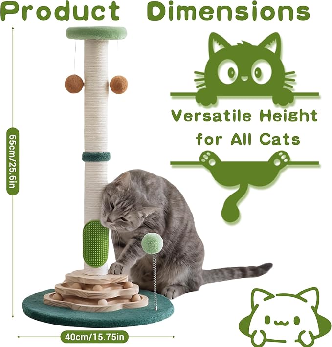25.6inches Tall Cat Scratching Post, Cute Cat Scratching Post with Interactive Ball Two-Layer Track Spring Ball Toys and Self Groomer for Indoor Cats and Kittens Protect Your Furniture