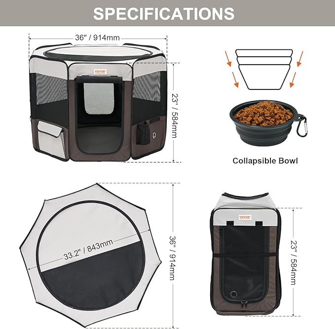 VEVOR Portable Pet Playpen, 36x36x23 in Foldable Dog Cat Pen + Free Carrying Case + Bowl, Indoor/Outdoor Dogs Crates Kennel for Puppies with Premium Waterproof 600D Oxford Cloth, Removable Zipper Top