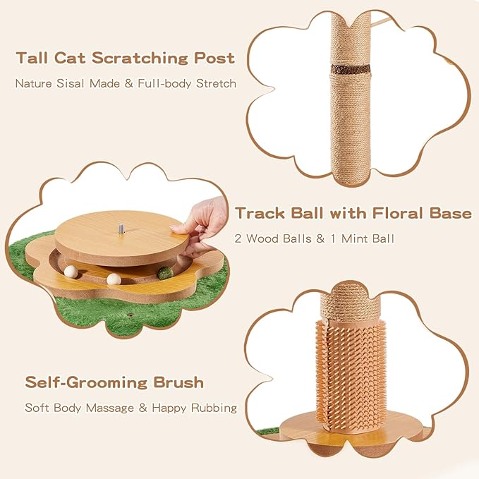 45" Tall Cat Scratching Post with Sisal Rope for Indoor Cats Adults Kittens, Cat Tree Scratcher with Hanging Balls, Self Groomer, Track Balls