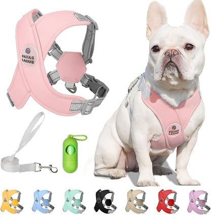 Patas Lague Dog Harness with Leash Set Adjustable Soft Padded Step-in Dog Vest No Choke No Pull Reflective for Small Pets with Poop Bags and Dispenser, Solid and No-chew, Pink XS