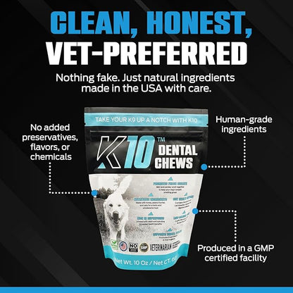 K10 Dental Chews (60 Count) – Low-Calorie Dog Chew with Human-Grade Ingredients – Dog Chews That Support Fresh Breath, Oral Hygiene, Digestion & Vitality – Vet-Preferred Dental Treats for Dogs