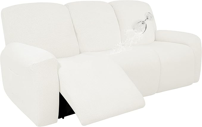 Easy-Going 100% Dual Waterproof Recliner Sofa Cover, 8-Pieces Stretch Relining Couch Cover with Pocket, Jacquard 3 Seat Sofa Slipcover Leakproof Washable (Sofa, Cream)