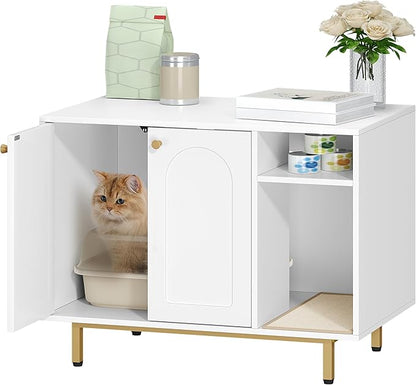 Hzuaneri Cat Litter Box Enclosure Enclosed, Hidden Litter Box Cabinet Furniture with Storage, Wooden Indoor Cat House Large, Modern End Table for Living Room Entryway, White and Gold 01503GCLB
