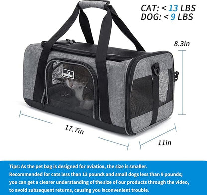 Wakytu TSA Approved Pet Carrier for Small Cats Dogs, Travel Bag with Adequate Ventilation, 5 Mesh Windows, 3 Entrance, Locking Safety Zippers, Padded Shoulder and Carrying Strap, Small