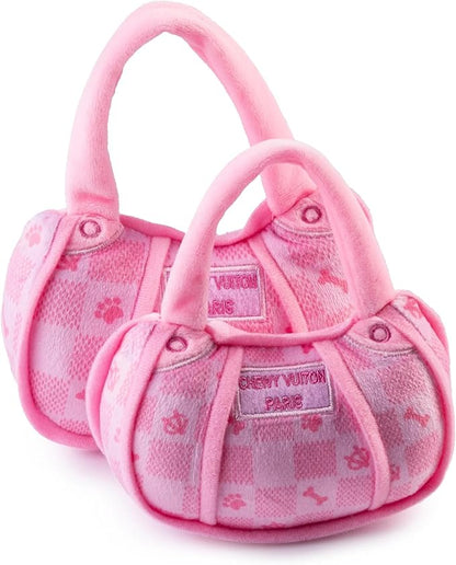 Haute Diggity Dog Chewy Vuiton Handbag Plush Squeaky Dog Toy, Soft Durable Designer-Inspired Stuffed Puppy Chew Toys for Small & Medium Dogs, Machine-Washable (Pink Checker) Large