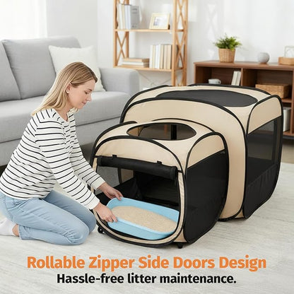 EighteenTek® 2-in-1 Portable Cat Playpen(End Doors), Pop up Kitten Playpen, Assembly-Free, Pet Tent Crates Kennel Cage Enclosure for Dog Puppy Indoor Outdoor(Beige)(No Divider, Unified Space)