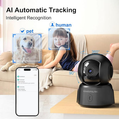 GOLSPARK 2K Indoor Security Camera for Baby Monitor, 2.4GHz WiFi 360 Pet Camera with Night Vision Motion Tracking Detection Two-Way Audio Sleep Mode SD Card Cloud Storage, Black