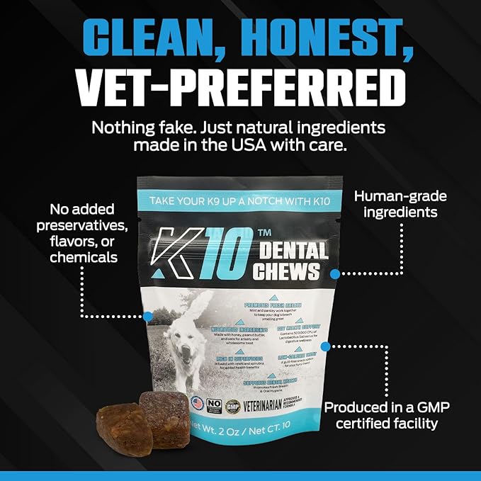 K10 Dental Chews (10 Count) – Low-Calorie Dog Chew with Human-Grade Ingredients – Dog Chews that Support Fresh Breath, Oral Hygiene, Digestion & Vitality – Vet-Preferred Dental Treats for Dogs
