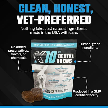 K10 Dental Chews (10 Count) – Low-Calorie Dog Chew with Human-Grade Ingredients – Dog Chews that Support Fresh Breath, Oral Hygiene, Digestion & Vitality – Vet-Preferred Dental Treats for Dogs