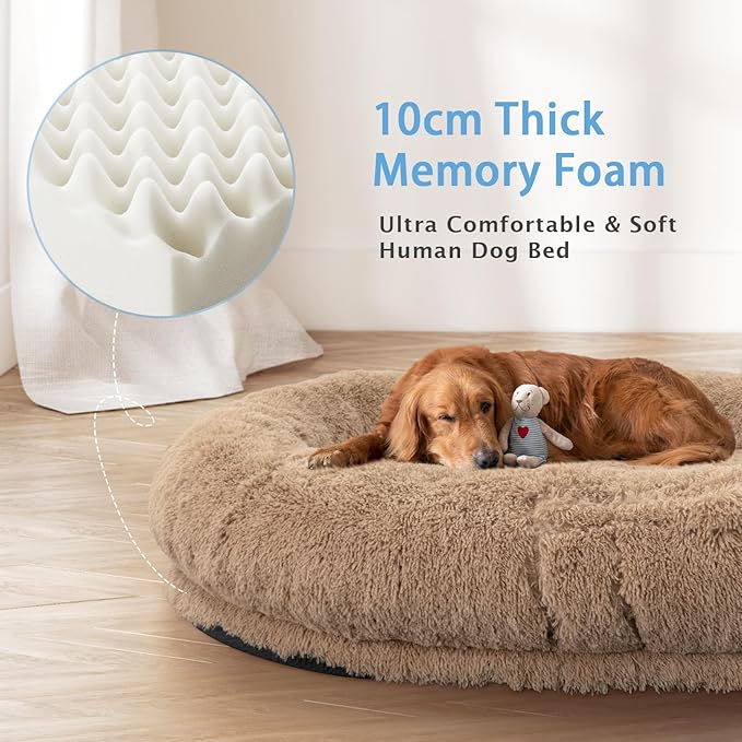 Human Dog Bed, 71''x45''x12'' Size Fits People and Pet 10 CM Thick Memory Foam Washable Adult Large Bed Giant Oversize Foldable Dog Bed with Plump Pillow, Blanket, Strap - Khaki