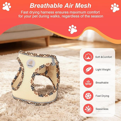 Hipubby Dog Harness Small Sized and Leash Set, No Pull Soft Mesh Puppy Vest, Reflective Breathable Lightweight Pet Harness, Harness for Small Medium Dogs and Cats - Khaki/Tirm, L