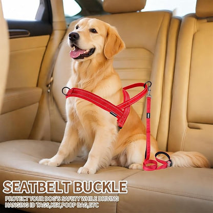 No Pull Dog Harness and Leash Set-Reflective Vest with Handle&5FT Dog Leash with Car Seatbelt Clip,Breathable Mesh&Quick Fit Dog Harness Easy for Medium Large Dogs Training Walking (Red,L)