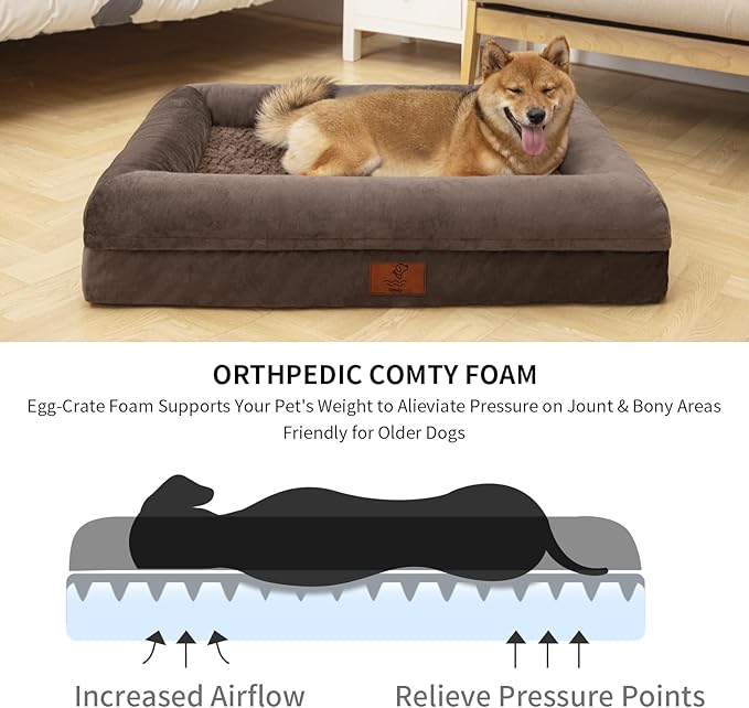 XL Orthopedic Dog Bed for Extra Large Dogs, Washable Dog Bed with Removable Bolster, Waterproof Pet Bed with Nonskid Bottom, Brown