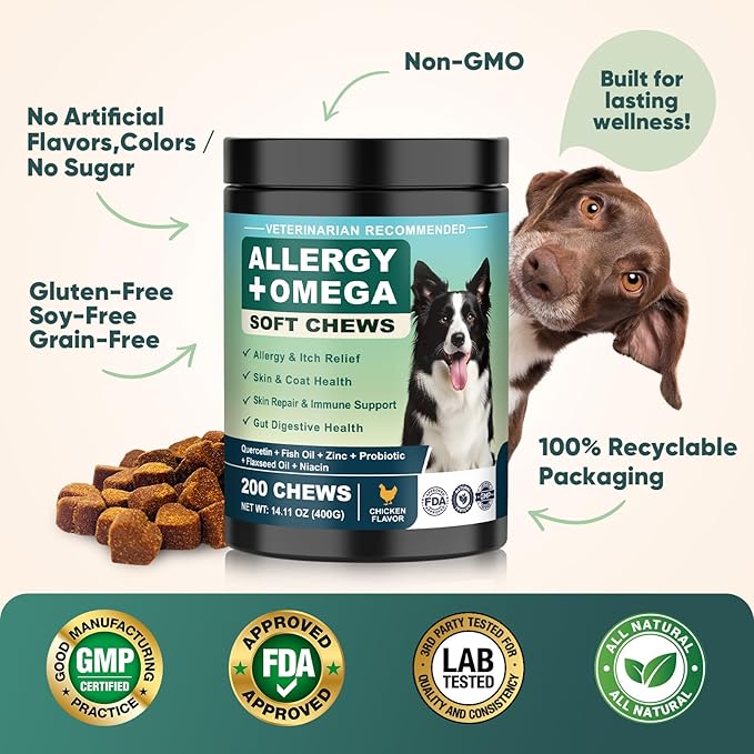 Dog Allergy Chews Omega 3 is Human,Itch Relief Multivitamin Medicine for Dogs Itching Skin Relief and Aller Immune Pet Allergy Dog Anti Itch Chews Coat Licking Supplements Pills Meds Medicine for Dogs
