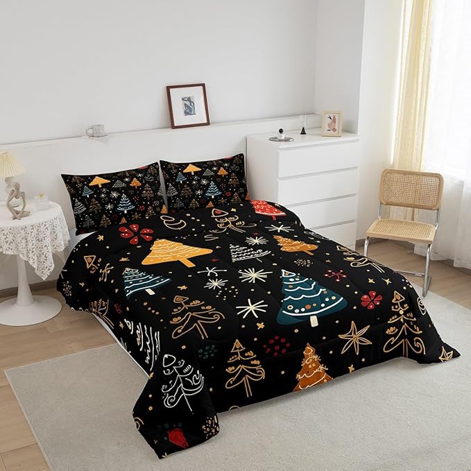 Erosebridal Christmas Theme Comforter Full for Kids Boys Girls Xmas Tree Bedding Set, Glitter Stars Down Comforter Black Bed Set, Cartoon Hand Drawn Quilted Duvet Breathable for All Seasons 3 Piece