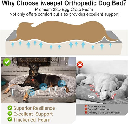 iweepet 3.7 inch Thickened Orthopedic Dog Beds for Jumbo Dogs, Curved Bolster Support Dog Couch with Removable & Washable Fluffy Cover, Orthopedic Oval Memory Foam, Non Slip Bottom,Grey