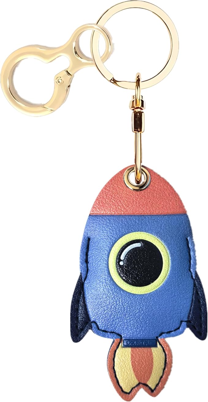 Leather Keychain Holder Case Compatible with AirTag,Cute Protective Cover with Keyring,Anti-Scratch Finder GPS Tracker Case for Wallet Keys,bag,pets,Backpack(Rocket Blue)