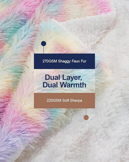 Pawque Faux Fur Sherpa Fleece Blanket Twin Size Rainbow - Fluffy Warm Plush Blankets for Bed, Cozy Thick Lightweight Reversible Decor for Winter Sofa Couch, 60x80 inches